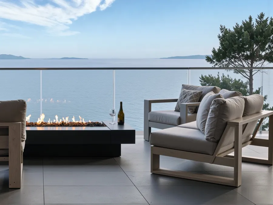 A custom Dreamcast linear concrete fire pit on a seaside terrace