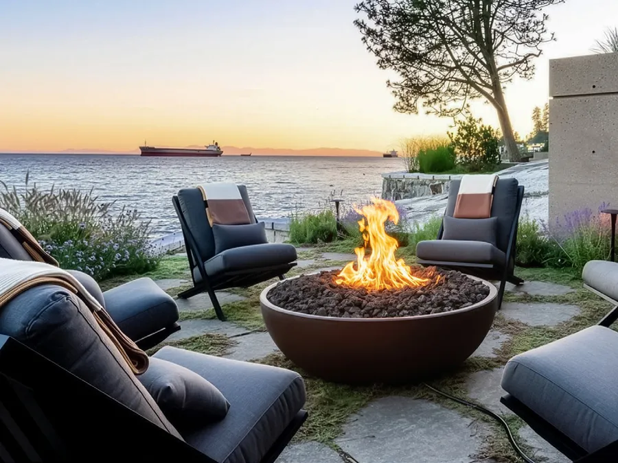 A Dreamcast concrete fire bowl on a seaside patio at dusk