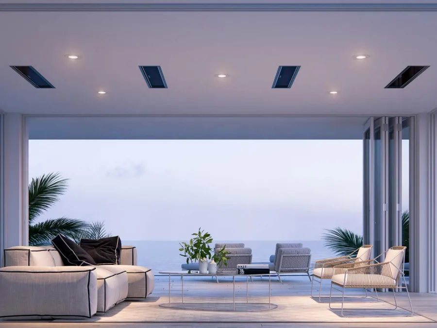 Bromic Platinum heaters mounted in the ceiling of a seaside terrace