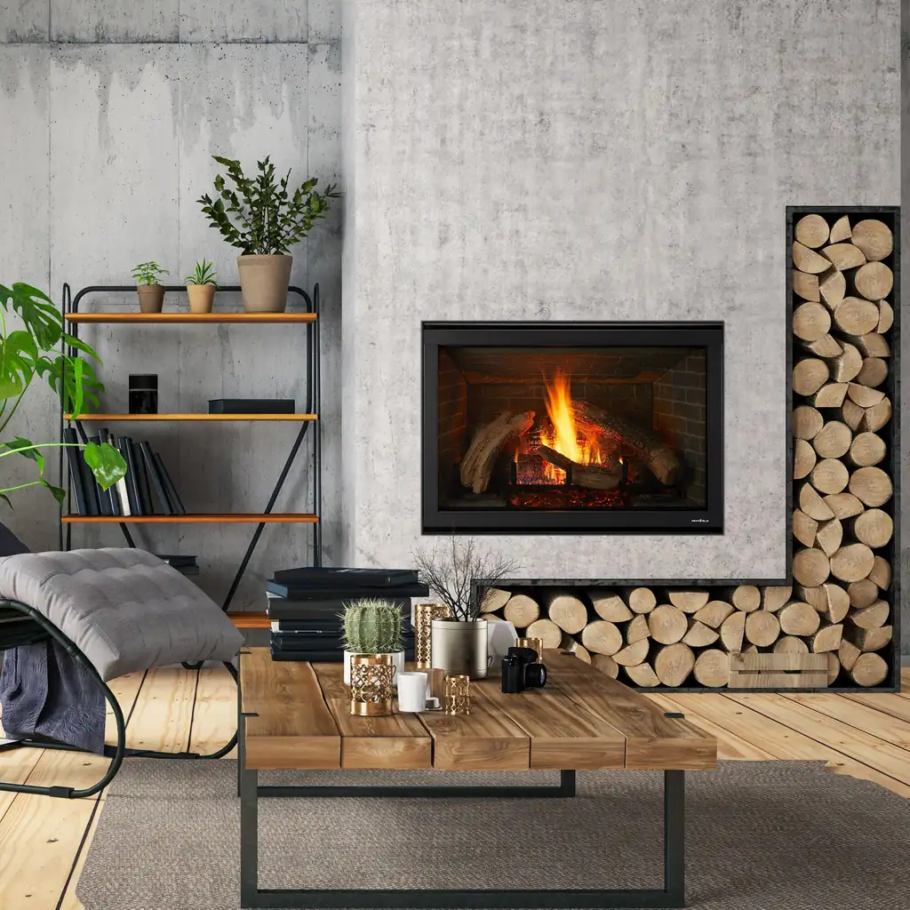 A gas fireplace burning in a modern living room