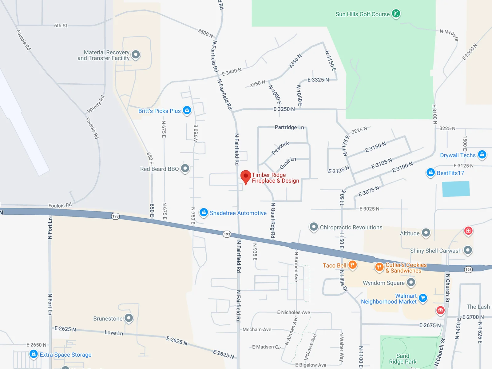 Map of north Layton with the Timber Ridge Fireplace & Design pin at 3080 N Fairfield Rd #1